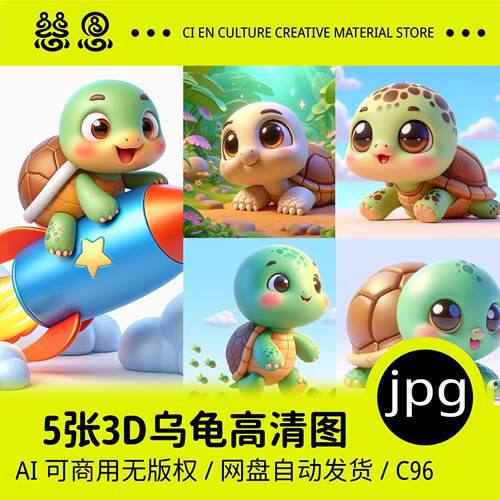 卡通可爱乌龟动物拟人IP形象3D素材海报印刷印花家纺手机壳摄影图