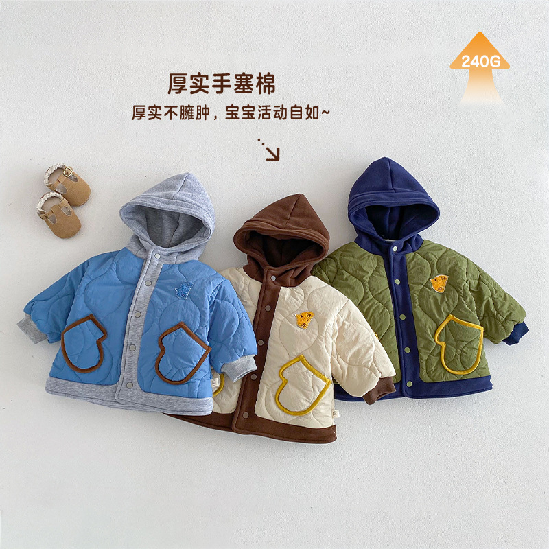 儿童时尚棉服2025新款冬季男童连帽夹棉外套宝宝韩版加厚拼接棉衣