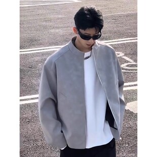 灰色雾面皮衣外套男春秋痞帅立领机车夹克美式正肩短款广州棒球服