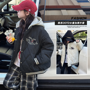 女童秋冬加厚连帽外套2025新款洋气冬季夹棉棒球服女孩深秋棉衣服