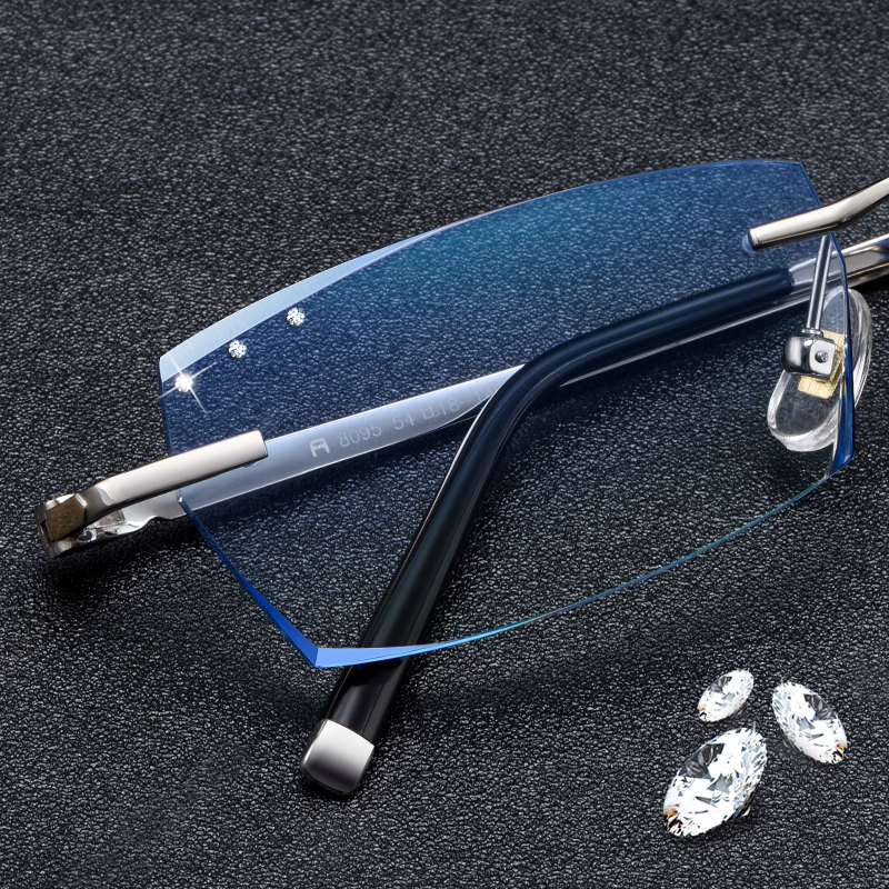 近视眼镜男配大脸超轻防辐射纯钛无框钻石切边无螺丝变色眼睛成品