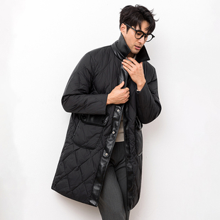 高端商务气场男士高档皮质拼接中长款纯色翻领羽绒风衣羽绒服保暖
