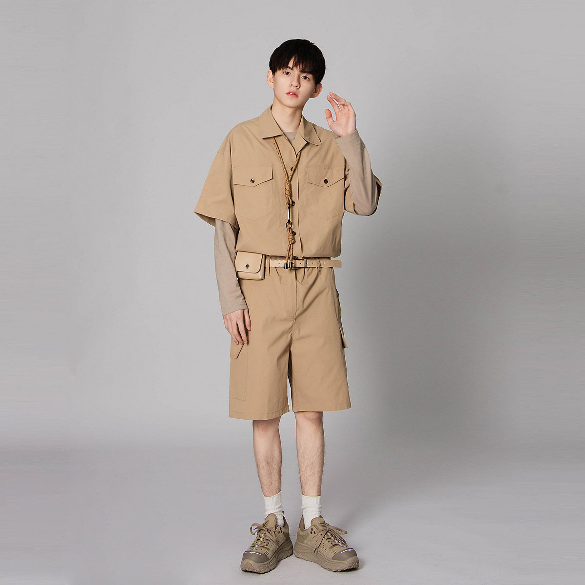 일본 카키 점프수트 남성용 반팔 2022 신작 여름 루즈한 작업복 유니폼