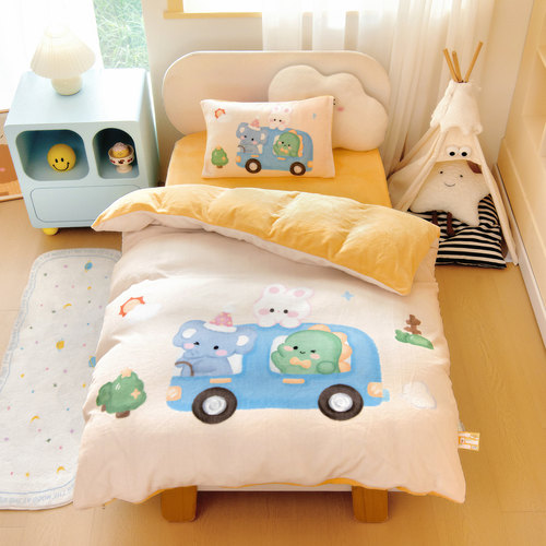 冬季牛奶绒彩绘幼儿园三件套卡通儿童被子宝宝午睡被芯含芯六件套