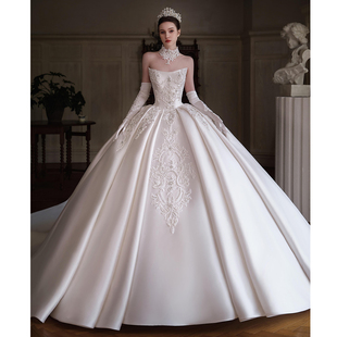 抹胸缎面婚纱礼服裙2025新款新娘重工奢华高定款复古主纱大拖尾女