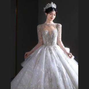 高级质感大拖尾重工出门主纱春季 长袖 高定轻婚纱礼服新娘2026新款