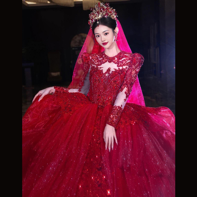 红色重工婚纱2025新款新娘小个子