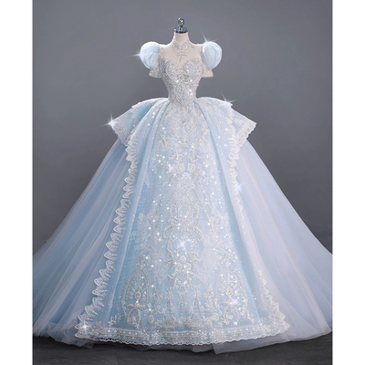 法式蓝色泡泡袖婚纱2025新款新娘