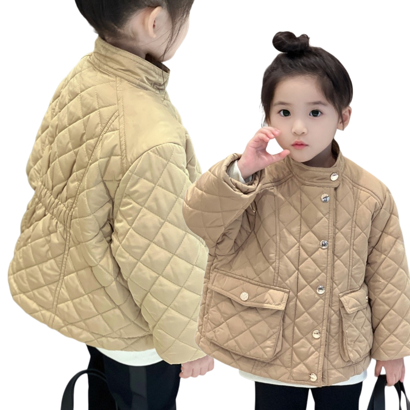 kiki 2026冬季新款女童卡其色立领棉服儿童加厚保暖棉衣外套0814