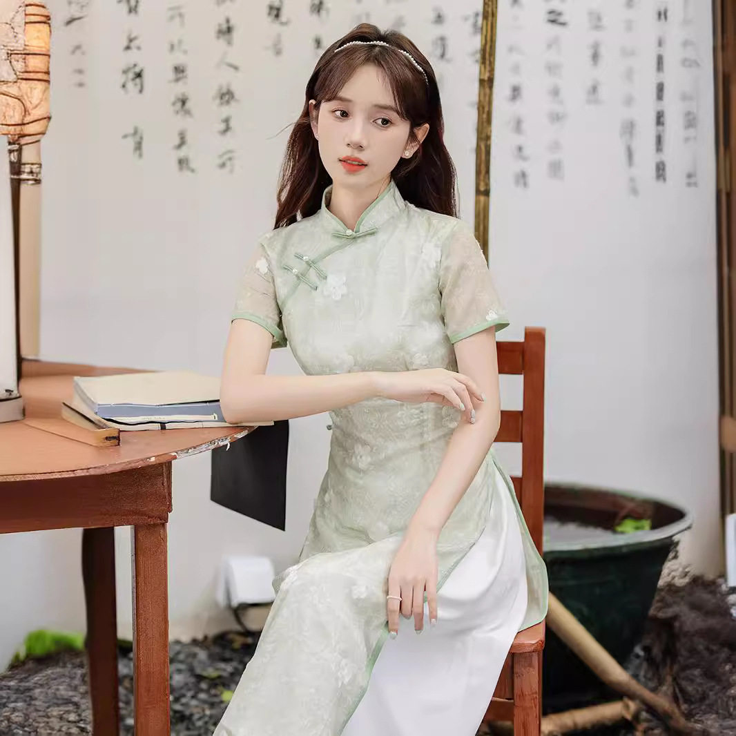 女十三行夏奥黛旗袍改良年轻款少女气质改良绿色新中式连衣裙茶服