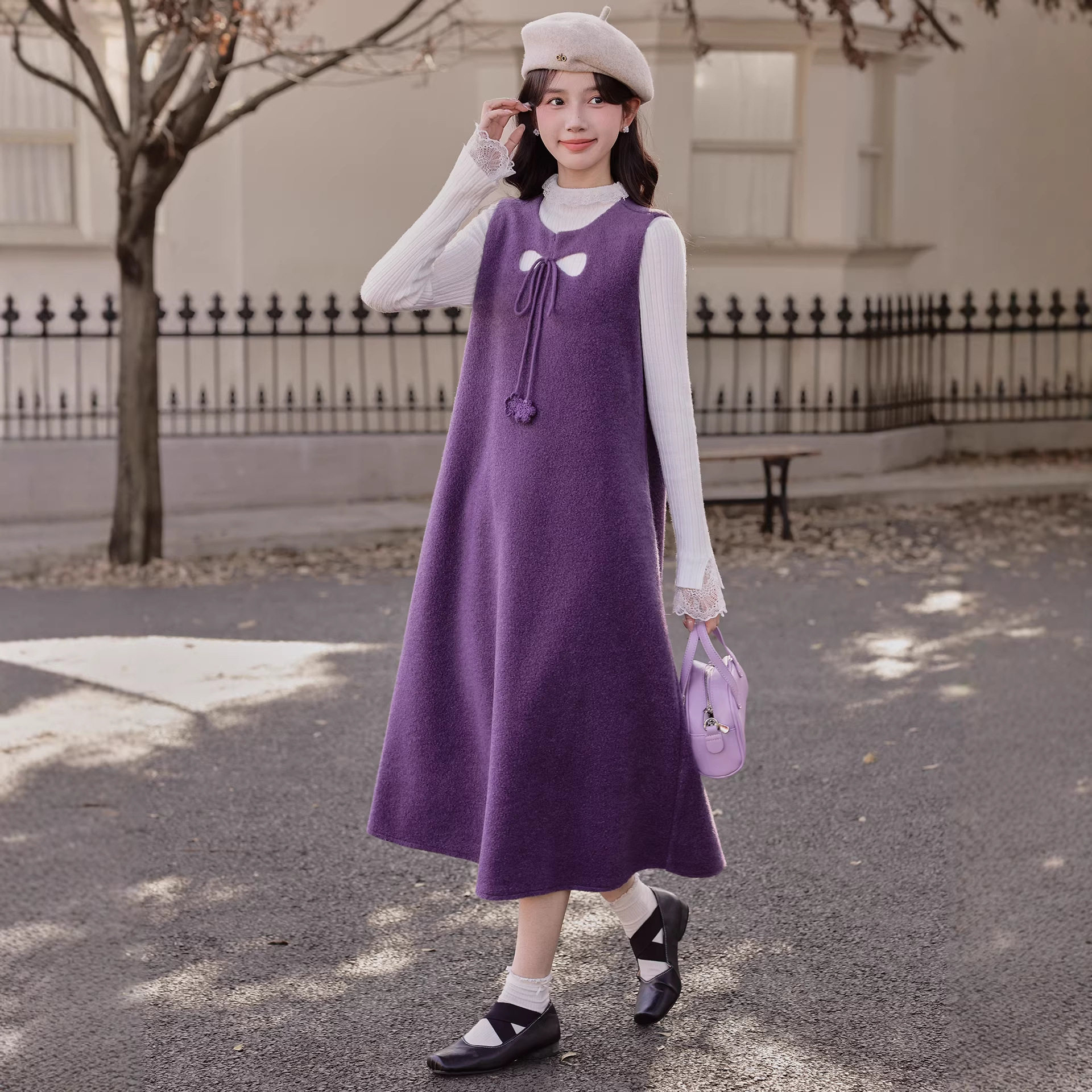 女装2026春新款温柔显白彩紫莓果背带裙长款修身显瘦俏皮通勤裙子