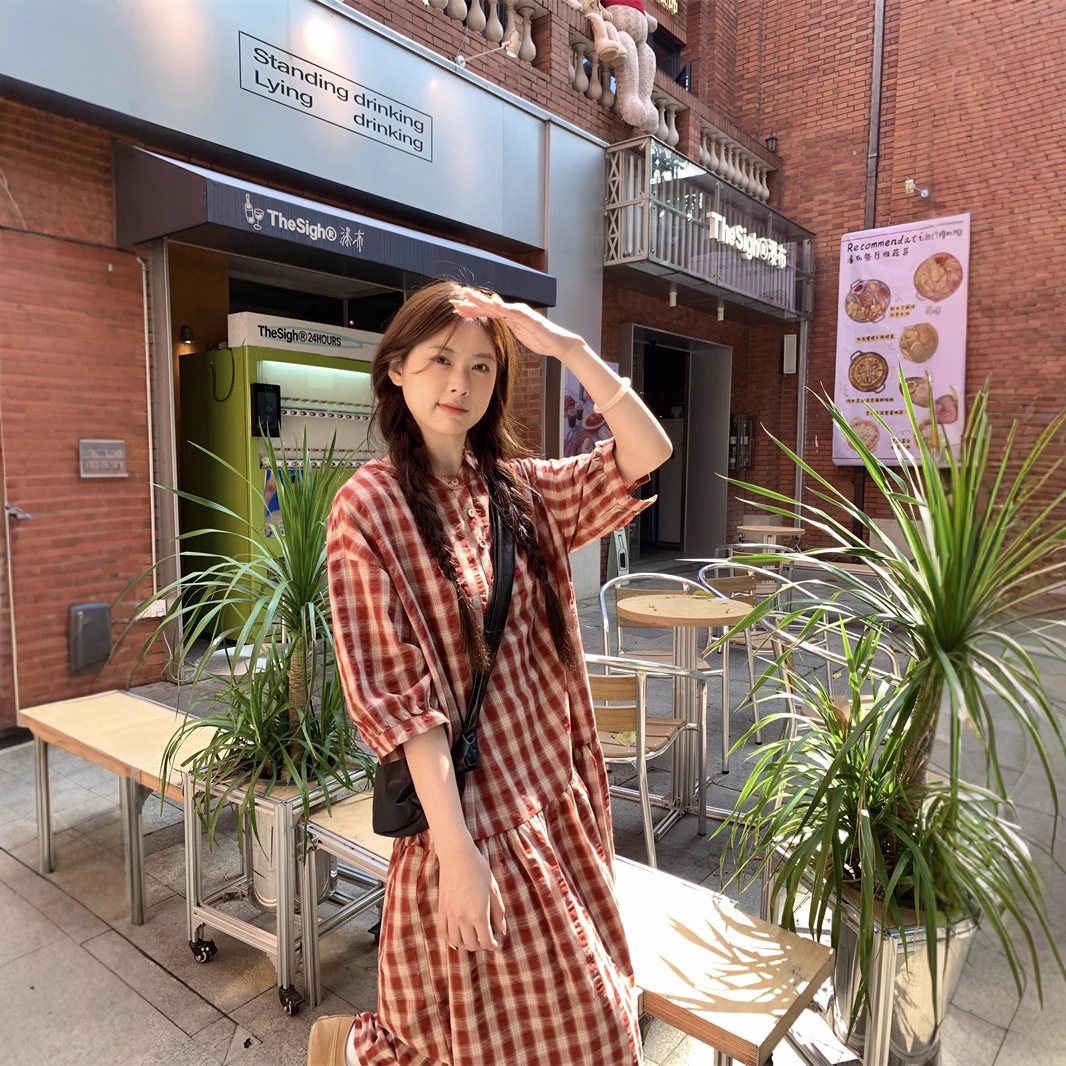 实拍~日系复古学院风格子衬衫裙女夏季森系文艺宽松短袖长裙81327