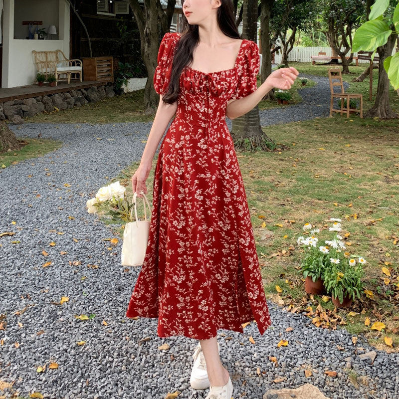 法式复古感收腰气质开叉连衣裙子女夏季大码遮肚子碎花雪纺衫
