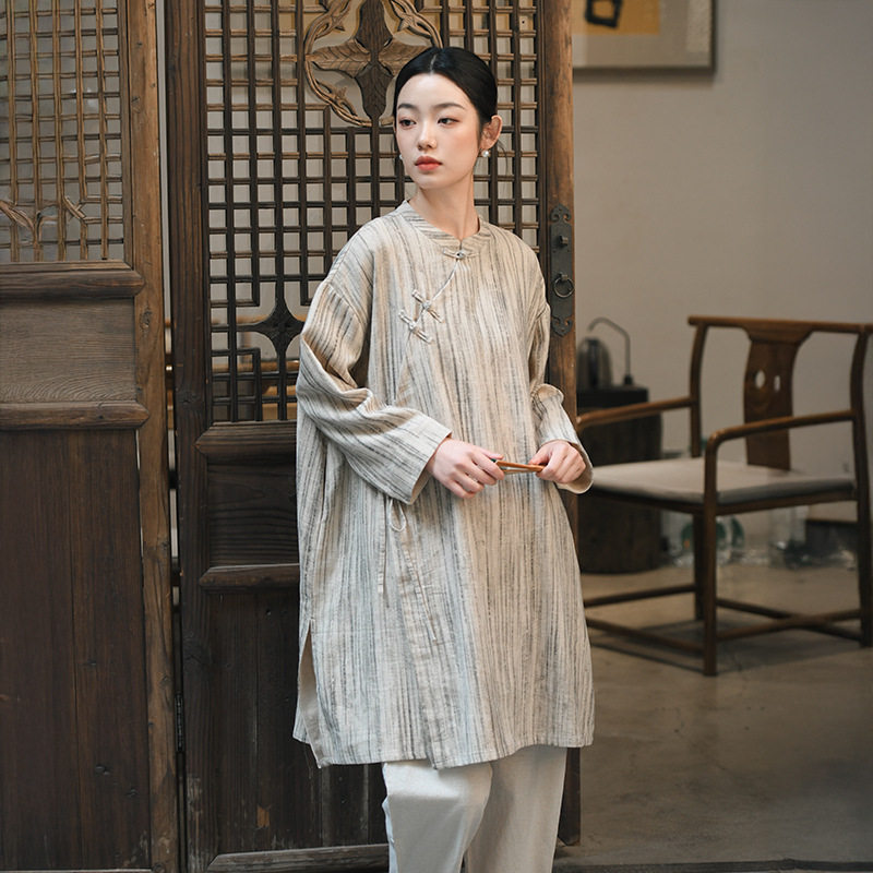 新中式女装2025春季新款印花亚麻连衣裙女中国风复古中长款上衣