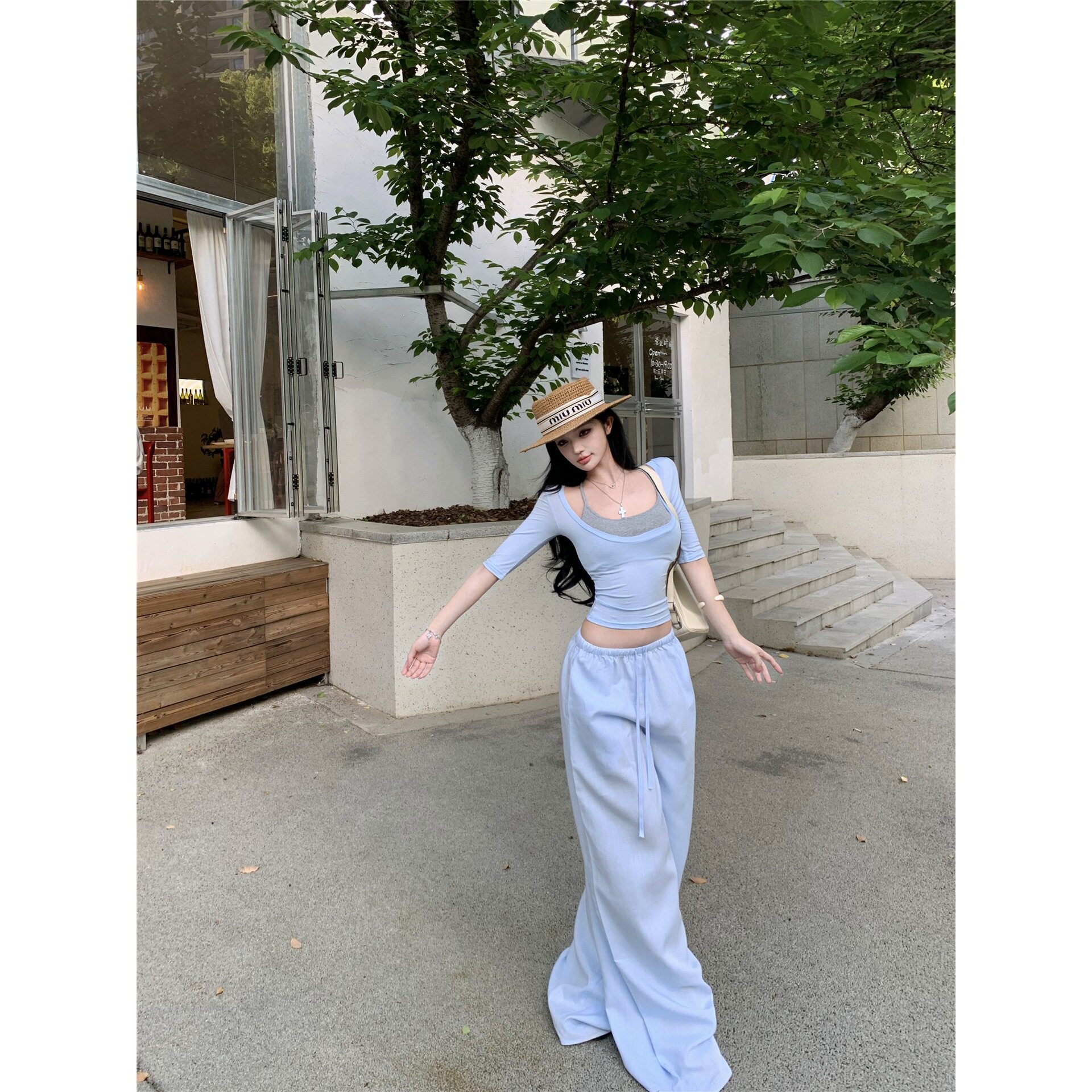 实拍 真两件短袖上衣修身半袖T恤女休闲套装宽松阔腿裤长裤两件套