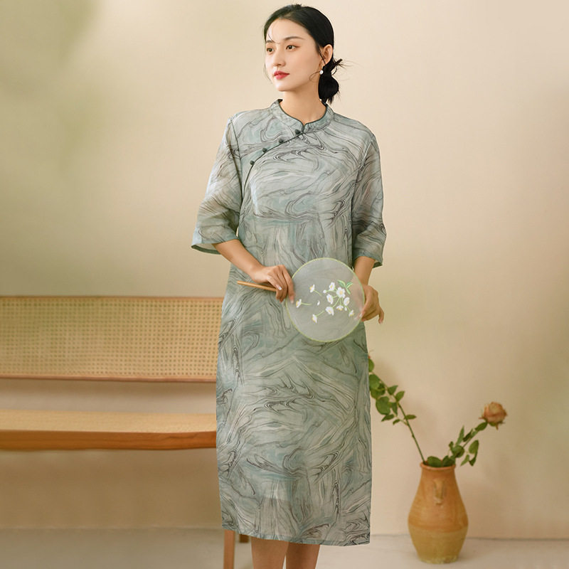 棉麻女装春夏新款复古连衣裙女新中式苎麻改良旗袍国风茶艺服