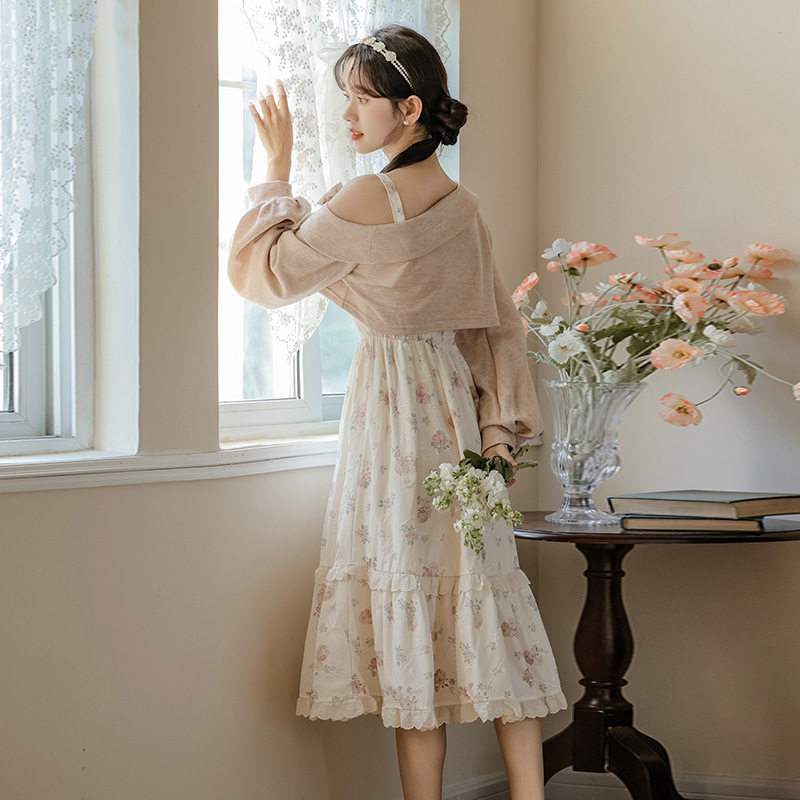 女装2026春夏秋蔷薇碎花吊带裙长款连衣裙漏肩上衣两件套优雅风