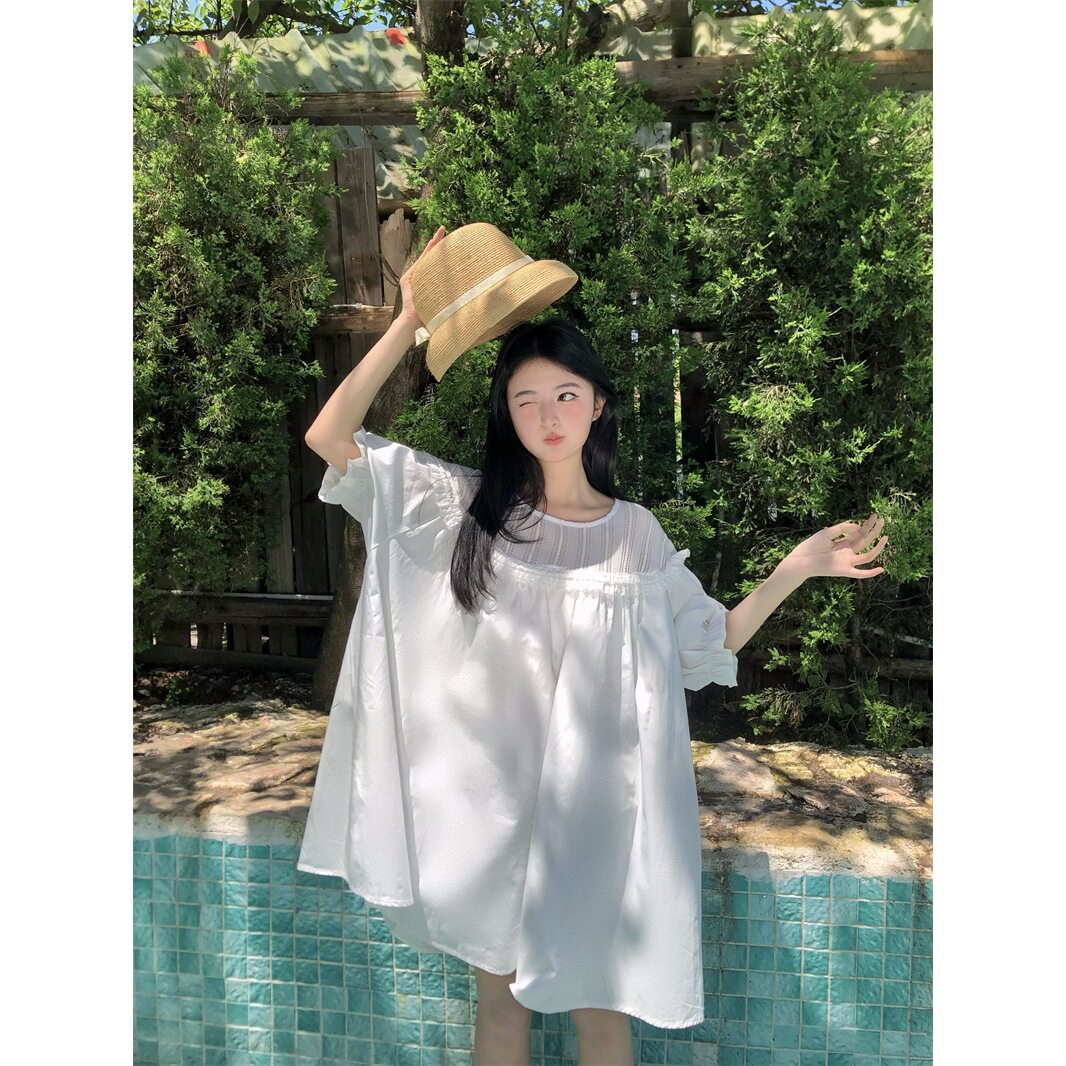 实拍~夏季新款韩系甜美减龄拼接花边蕾丝边宽松娃娃连衣裙女12717