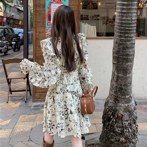 实拍春季复古气质荷叶边桔梗裙女抽绳系带设计感碎花连衣裙60170