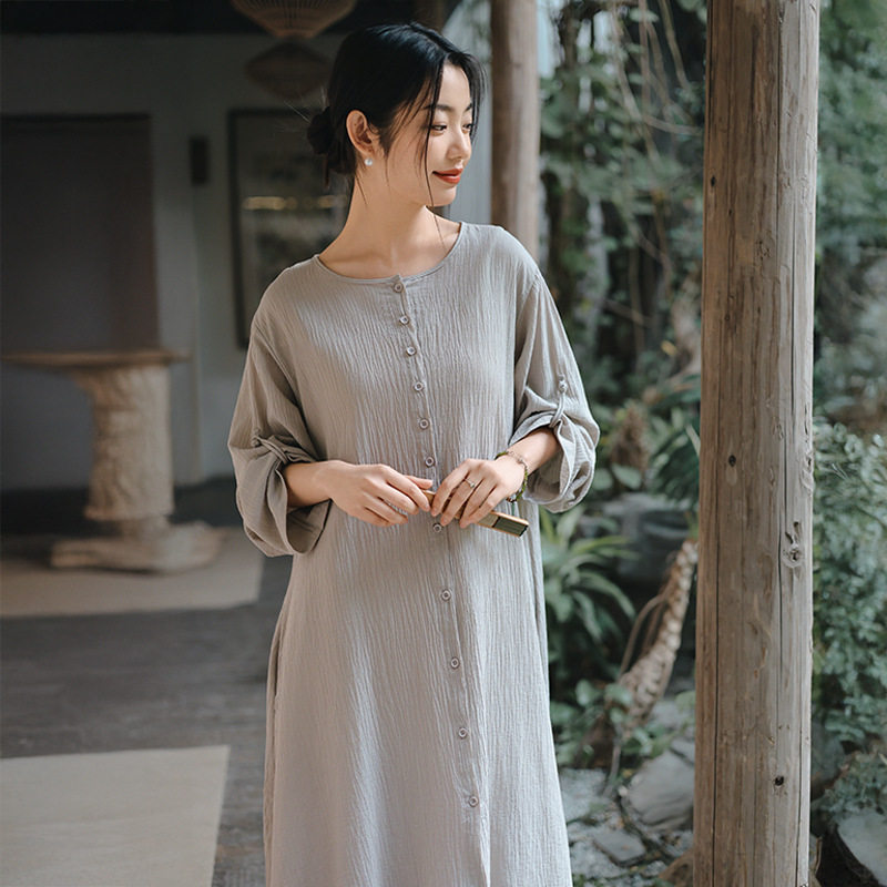 棉麻女装2025春季新款长袖连衣裙感圆领开衫亚麻长裙