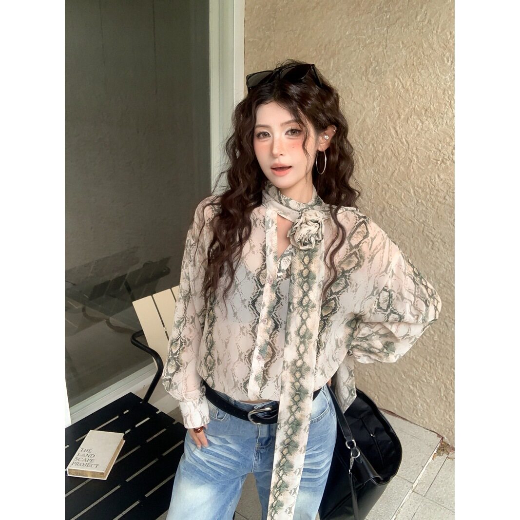 实拍 复古印花飘带雪纺衬衫女夏季新款立体花朵宽松薄款上衣13745