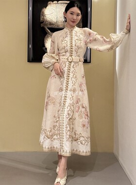 Zimmermann连衣裙澳洲代购2025秋冬亚麻灯笼袖系扣衬衣中长款裙