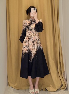 Zimmermann连衣裙澳洲正品代购经典款印花灯笼袖黑色立领中长款裙