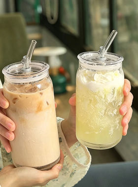 大容量高硼硅玻璃杯带盖防漏吸管杯奶茶咖啡果汁杯高颜值拍照水杯