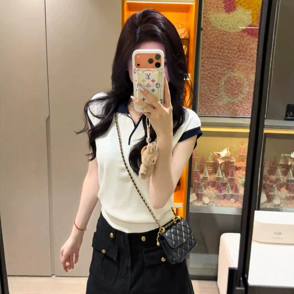 学院风撞色翻领短袖针织衫女今年流行爆款气质高级感修身显瘦上衣