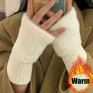 Winter Half Warm Fleece Luxury Women Soft Gloves Mink Finger