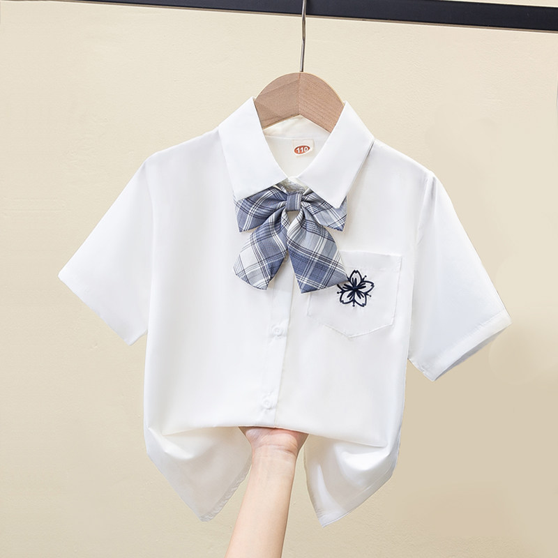 女童白蓝色短袖衬衫纯棉2026夏季新款学院风女孩翻领洋气韩版衬衣