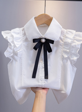 女童无袖白色衬衫夏季小学生表演出纯棉校班服儿童飞袖衬衣学院风