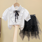 学生网纱裙套装 夏季 表演出纯棉班服儿童学院风衬衣 衬衫 女童jk短袖