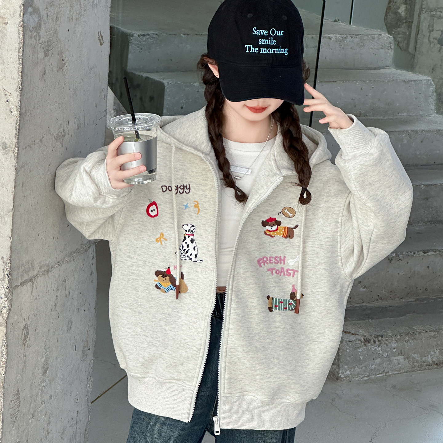 青少年灰色卫衣女童2025新款春秋学生腊肠狗开衫拉链学院风外套潮
