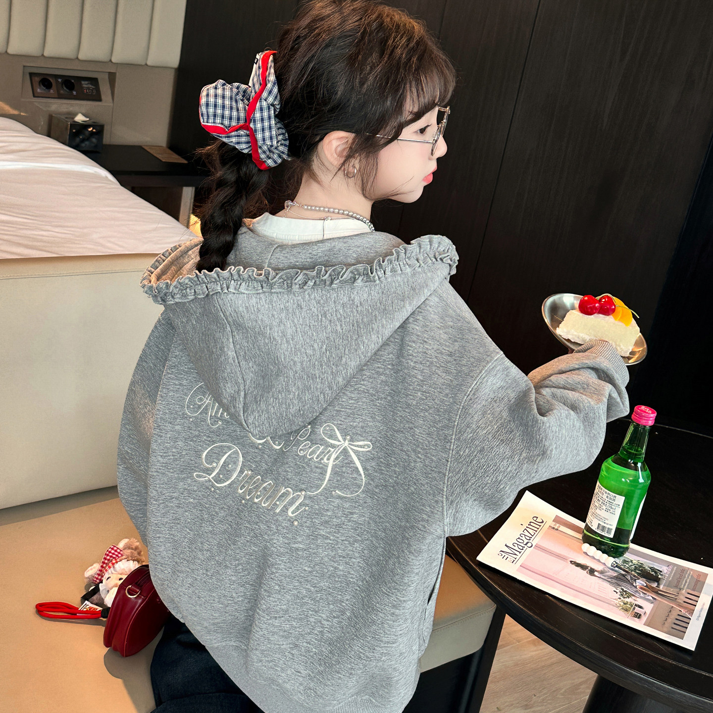 女童休闲外套2025春秋新款女大童洋气蝴蝶结花边连帽开衫卫衣甜美