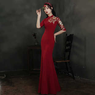 鱼尾时尚迎宾服颁奖典礼长款晚礼服复古高级感绣花平时可穿中国风