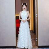 法式 大气显瘦高端晚礼服学生毕业演出合唱服白色长裙 挂脖露肩时尚