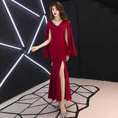 2025新款 宴会主持人连衣裙大方优雅 红色晚礼服高级感气质名媛长袖