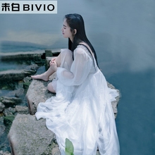 2025春秋长袖甜美气质雪纺连衣裙修身抹胸飘逸大摆仙女长裙沙滩裙