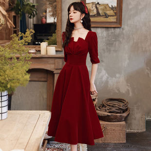 连衣裙2024春秋新款新娘结婚定婚回门宴会敬酒服中长款小个子礼服