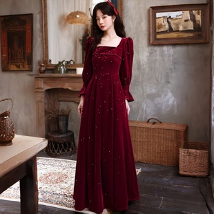 冬天敬酒服新娘长袖丝绒订婚2026回门酒红色结婚礼服裙日常连衣裙