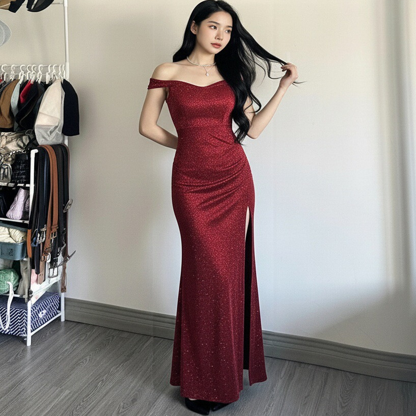 一字肩年会晚礼服高级感小众