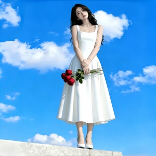 初恋白色吊带连衣裙子女夏季法式纯欲气质小个子高级感领证小白裙
