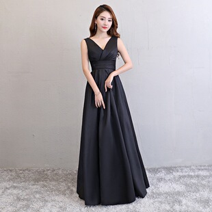 黑色晚礼服气质显瘦宴会晚会长款高腰无袖V领礼服裙子平时可穿女