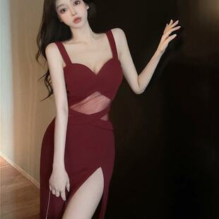 红色吊带网纱拼接晚礼服裙修身显瘦开叉长款宴会主持气质连衣裙女