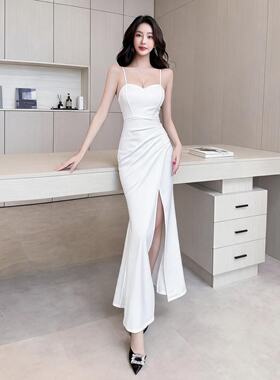 显瘦开叉鱼尾吊带晚礼服裙收腰显瘦修身长款连衣裙演出主持人夜店