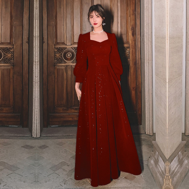 轻奢丝绒敬酒服新娘结婚便装酒红