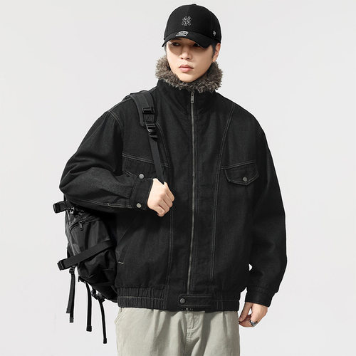美式复古夹棉加厚毛领牛仔夹克男2026冬季新款保暖工装棉服外套潮