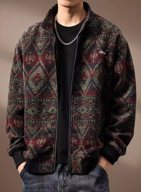 高端民族风羊毛针织外套男士秋季宽松大码560g重磅复古开衫毛衣潮