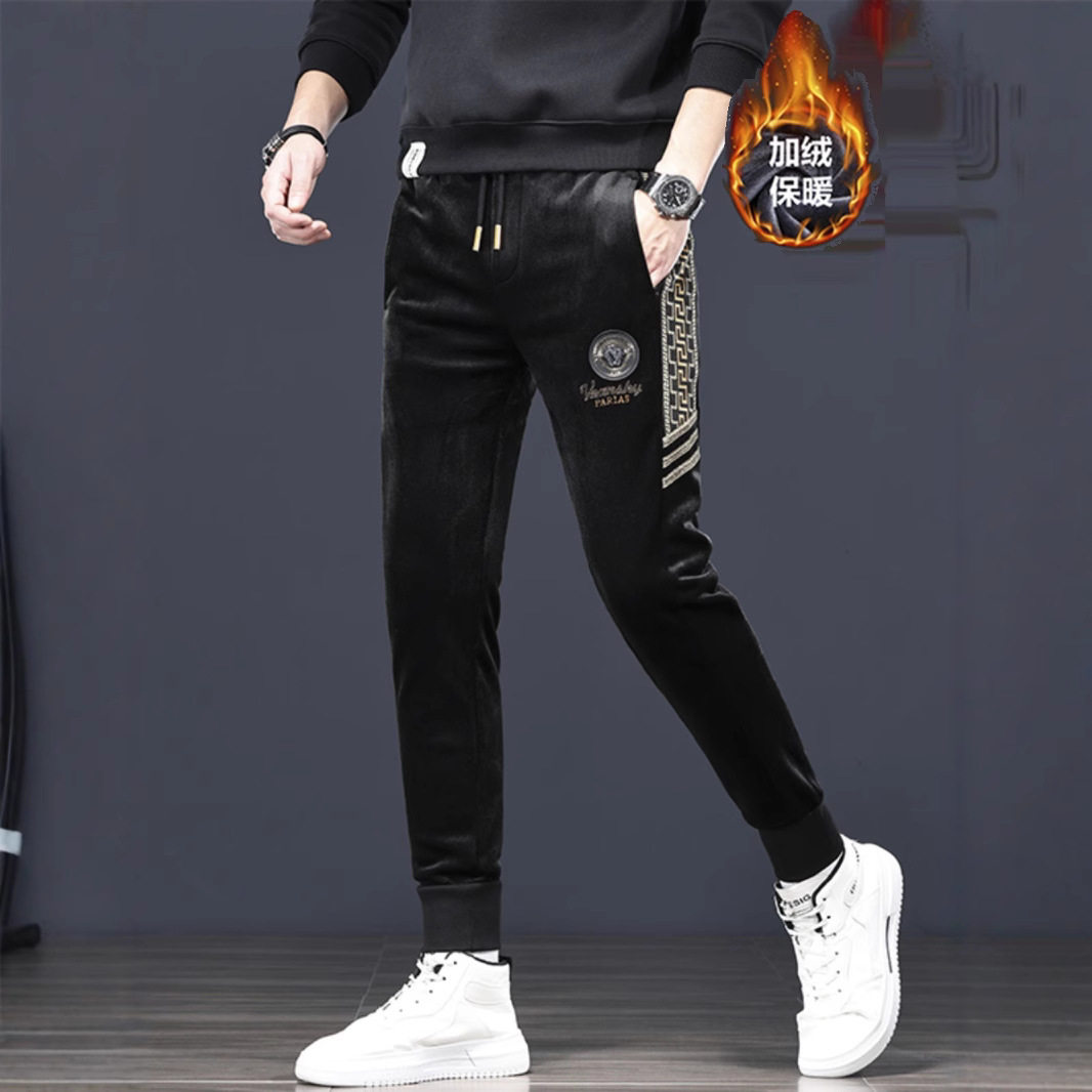 欧洲站金丝绒裤子男秋冬季抓绒灯芯绒休闲裤时尚拼接束脚运动卫裤